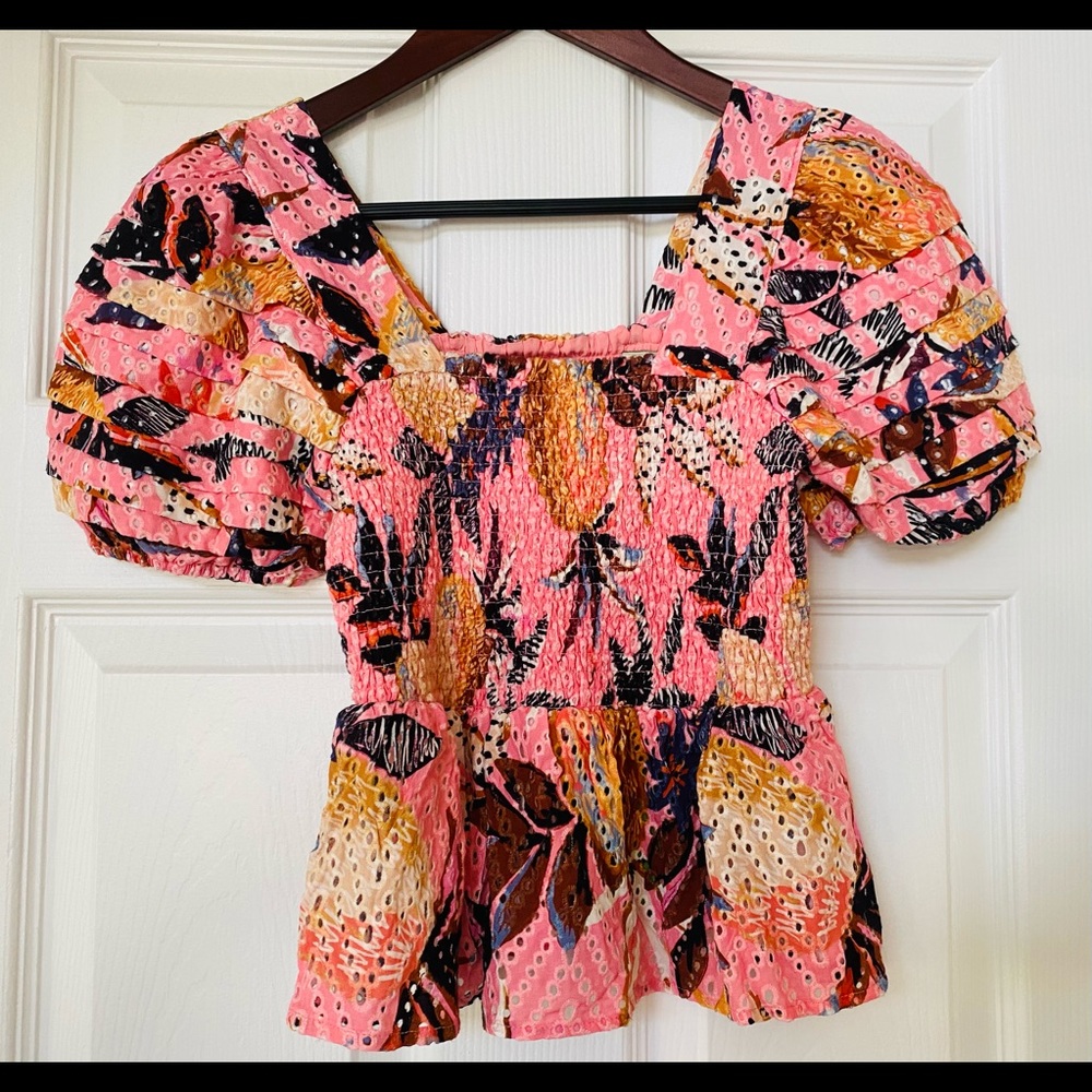 Farm Rio Pink Pineapple Smocked Top NWT